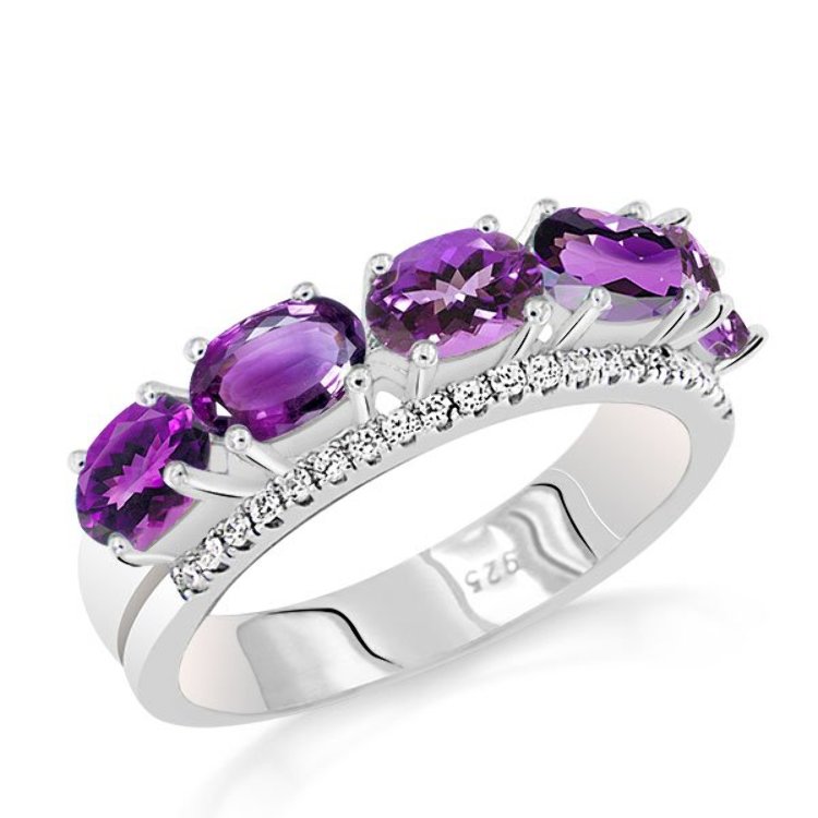 Bague Argent 925 cinq Améthystes ovales