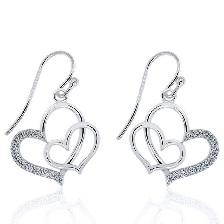 Boucles d'Oreilles Double Coeur Argent 925/1000 Oxydes de Zirconium