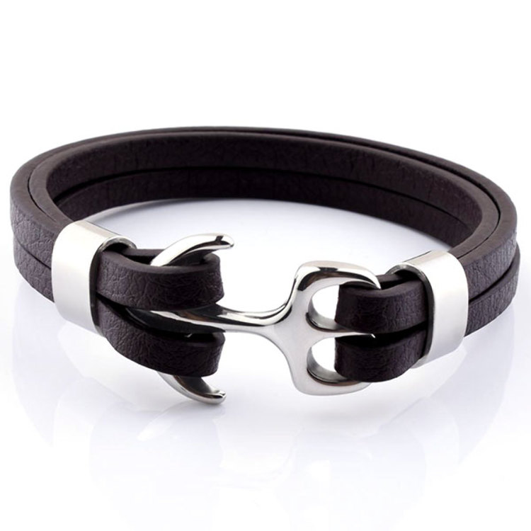 Bracelet Ancre Marine Acier 316 L et Cuir Noir