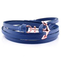 Bracelet Ancre Marine en Cuir Bleu et Acier Plaqué Or Rose