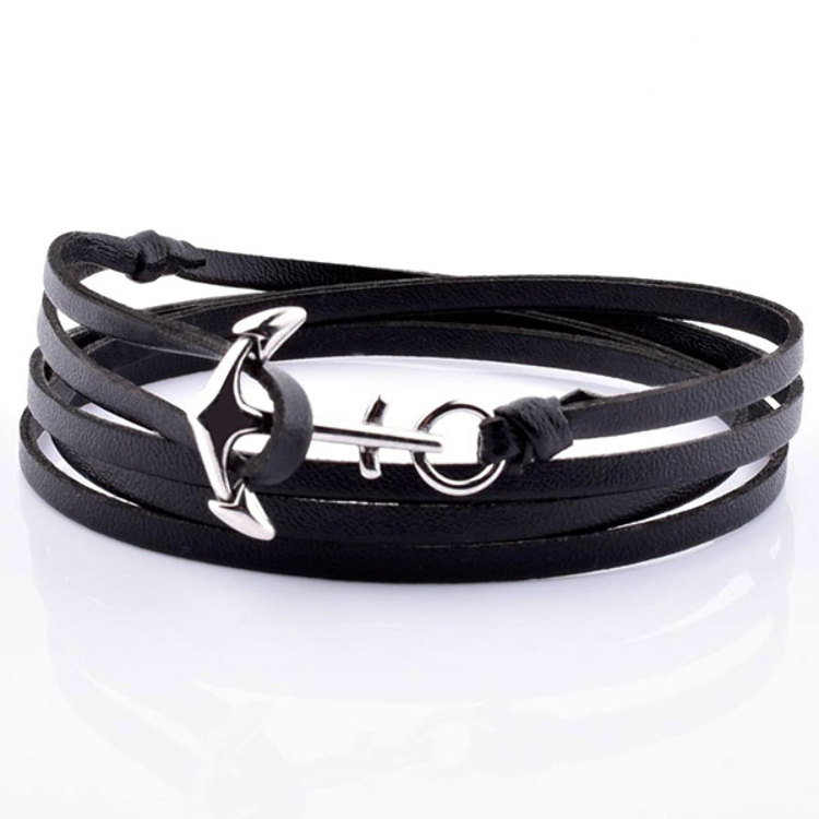 Bracelet Ancre Marine Multirang en Cuir Noir et Acier 316 L  