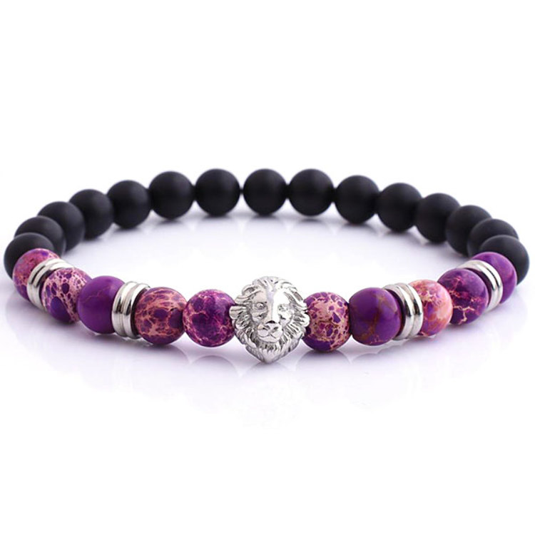 Bracelet Yoga Tête de Lion Jaspe Impérial Pourpre Onyx et Acier 316 L