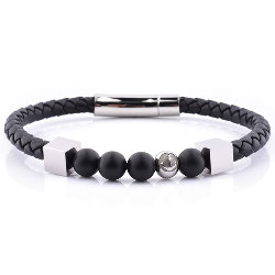 Bracelet Perles d'Onyx en Cuir Noir et Acier 316 L