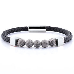 Bracelet Perles de Jaspe Gris en Cuir Noir et Acier 316 L