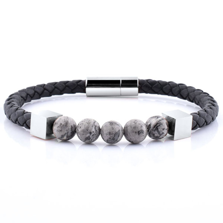 Bracelet Perles de Jaspe Gris en Cuir Noir et Acier 316 L