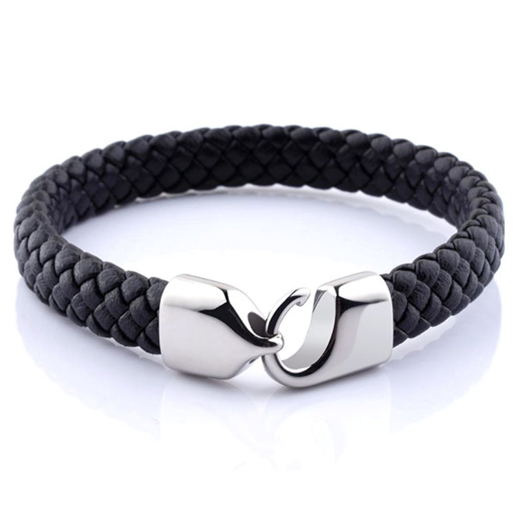 Bracelet Homme en Cuir Noir et Acier 316 L