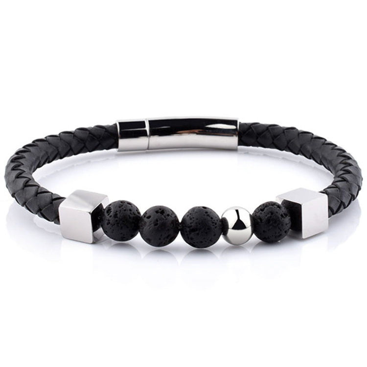 Bracelet Cuir tressé Perles de Pierre de Lave Homme Femme Acier 316L