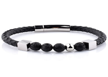 Bracelet pour homme et femme perles acier inoxydable et cuir noir 21/19 cm