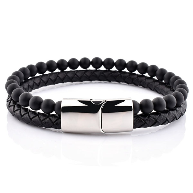 Bracelet en Cuir Noir Double rang Perles d'Onyx