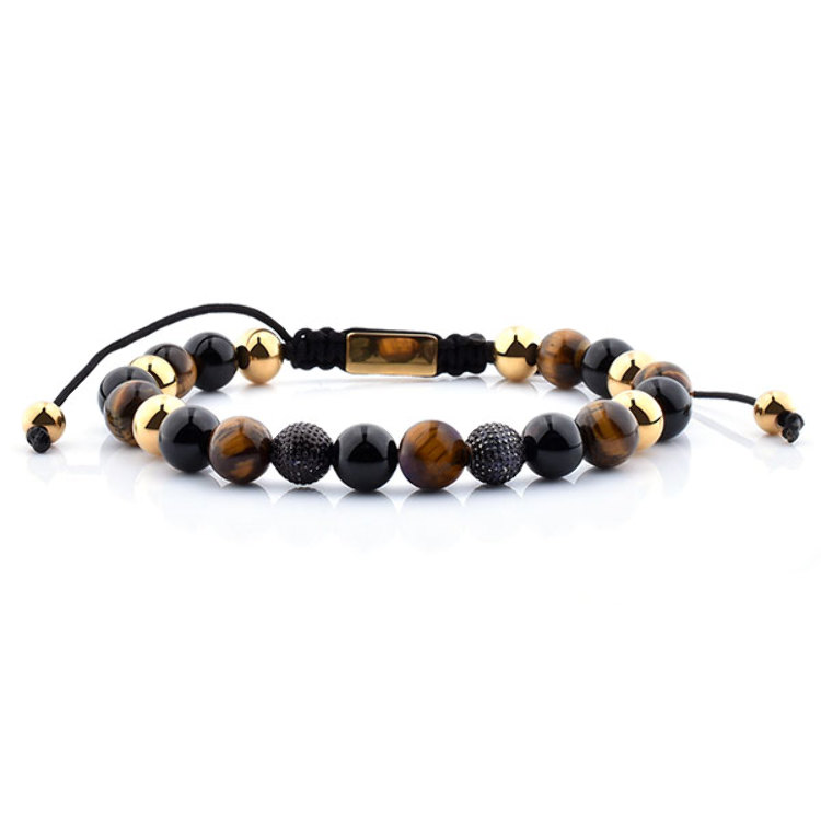 Bracelet Yoga Acier Plaqué Or 18 carats Œil de Tigre et Onyx