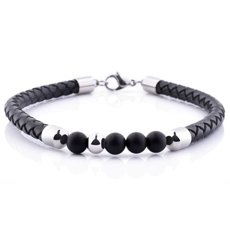 Bracelet Onyx Cuir Noir et Acier 316 L