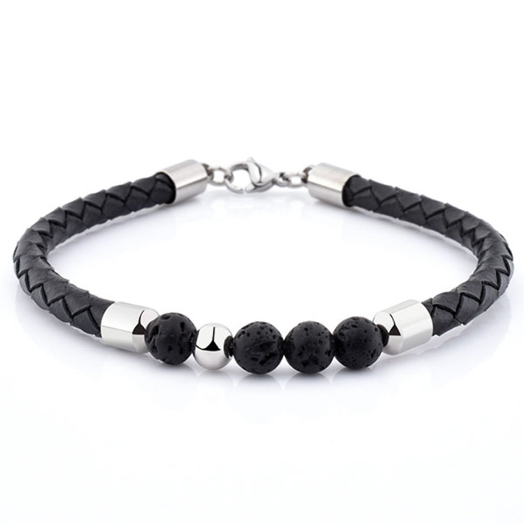 Bracelet Cuir Noir Homme et Femme Perles de Pierre de Lave