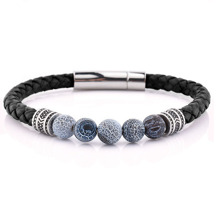 Bracelet Cuir Noir et Acier Homme et Femme Perles d' Agate Wheatering