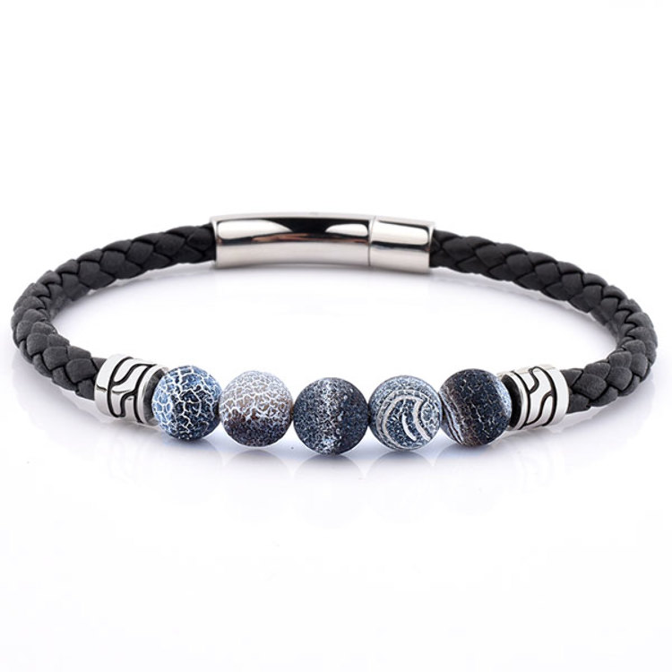 Bracelet en Cuir Noir serti Agate Wheatering