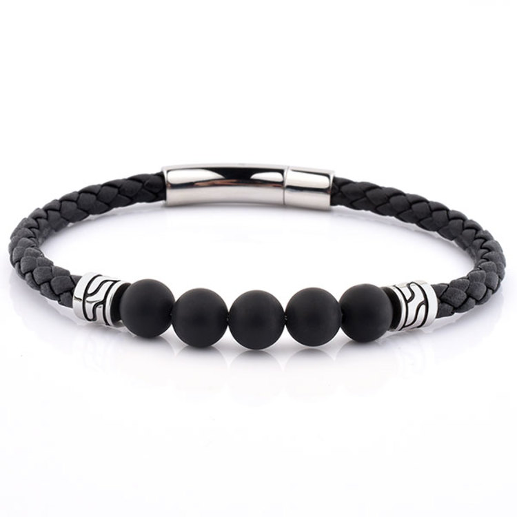 Bracelet Mixte en Cuir Noir Tressé Onyx et Acier 316 L