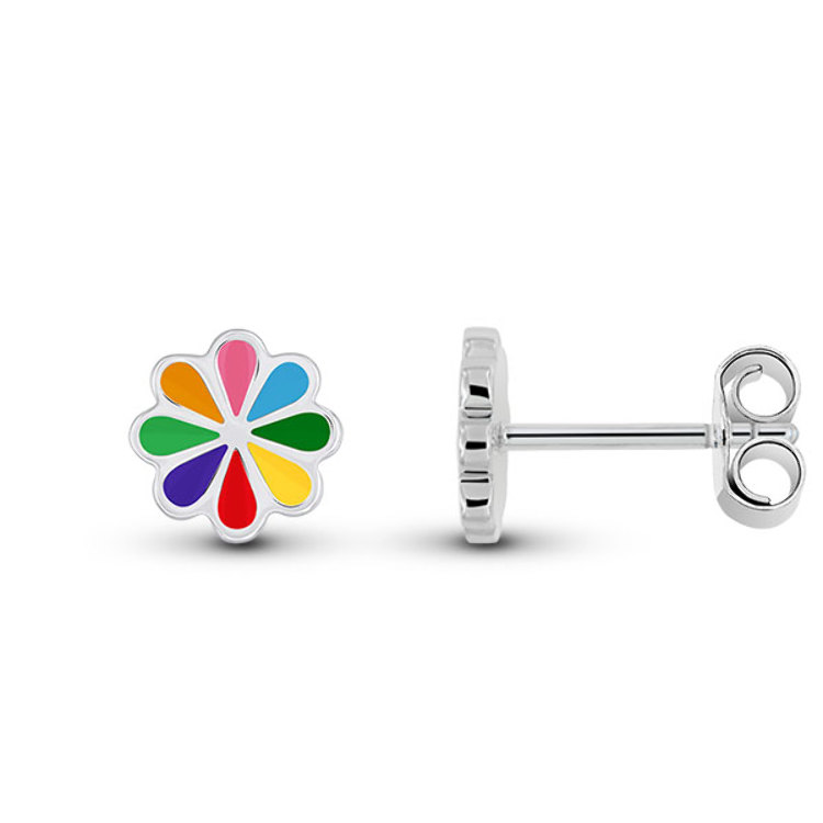 Boucles d'Oreilles Fleurs Enfant Émail Multicolore en Argent 925 