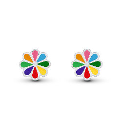 Boucles d'Oreilles Fleurs Enfant Émail Multicolore en Argent 925 