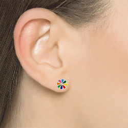 Boucles d'Oreilles Fleurs Enfant Émail Multicolore en Argent 925 
