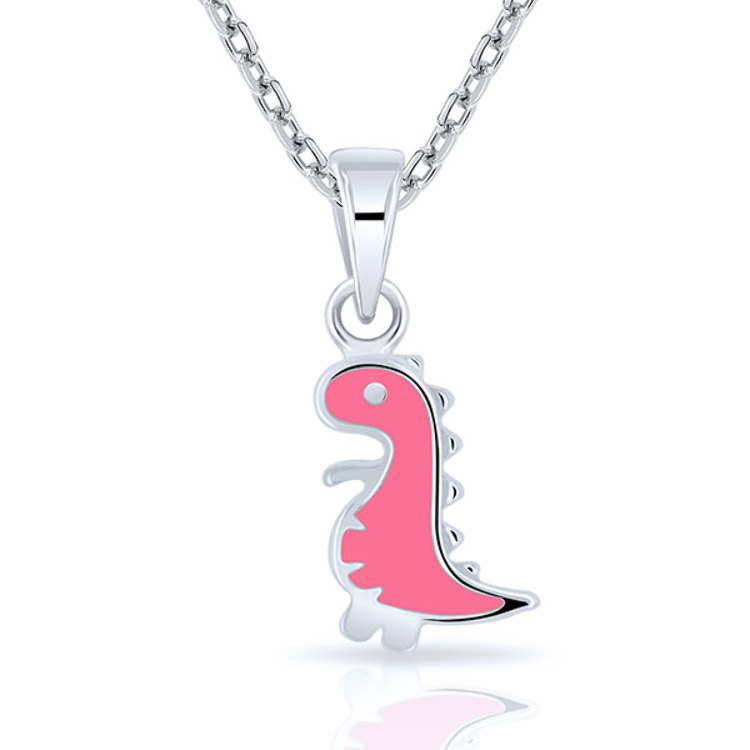 Collier Enfant Dinosaure Émail Rose en Argent 925 