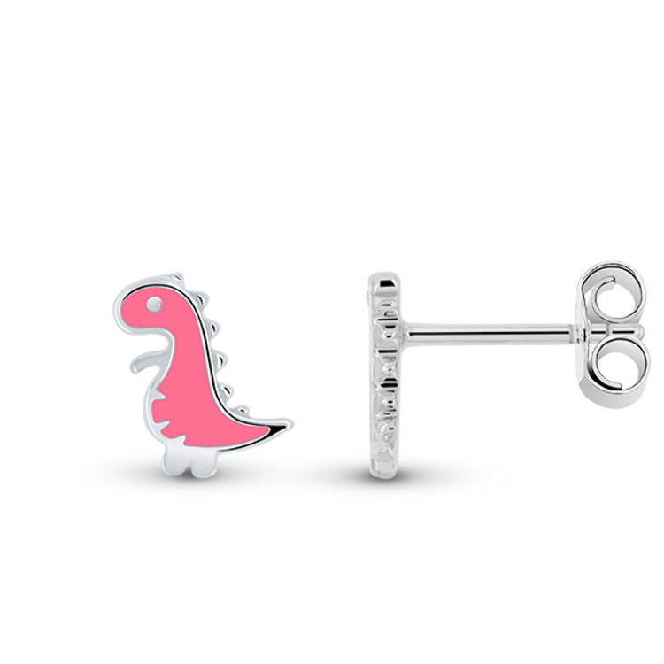 Boucles d'Oreilles Enfant Dinosaure Émail Rose en Argent 925