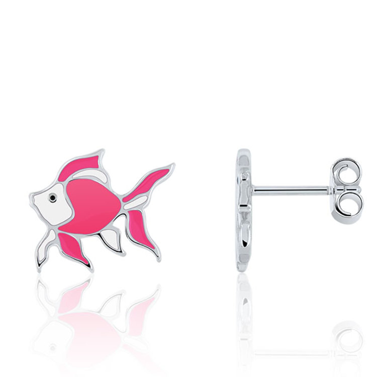 Boucles d'Oreilles Enfant Poisson Émail Rose en Argent 925