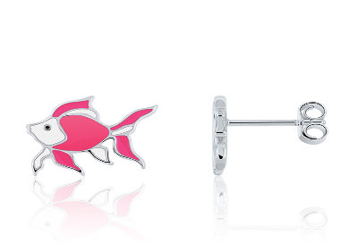 Boucles d'Oreilles Enfant Poisson Émail Rose en Argent 925