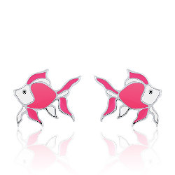 Boucles d'Oreilles Enfant Poisson Émail Rose en Argent 925