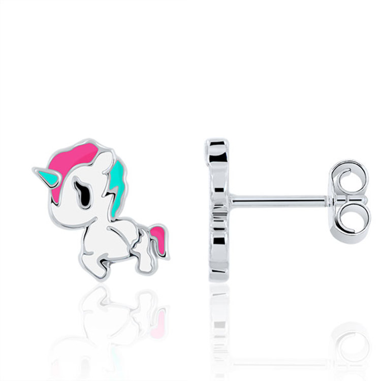 Boucles d'Oreilles Enfant Licorne  Émail en Argent 925