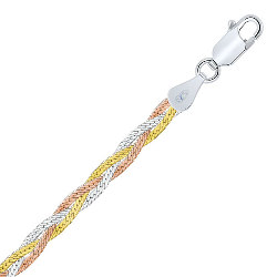 Bracelet Argent 925 3 Tons Plaqué Or rose et jaune Maille Miroir 3 mm