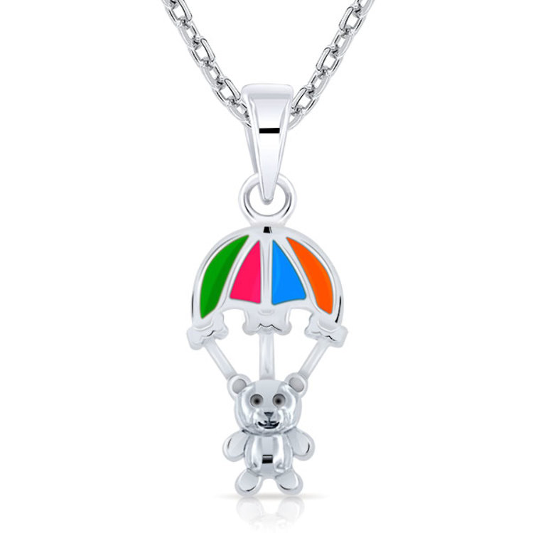 Collier Enfant Ourson Nounours et Parachute Argent 925 émaillé