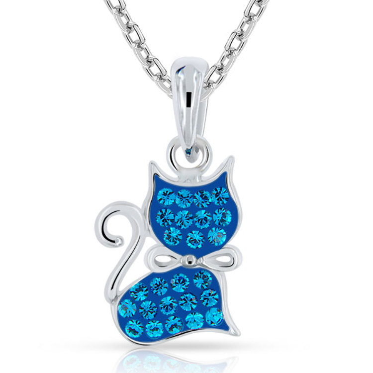 Collier Chat Bleu Argent 925 émaillé et Cristaux