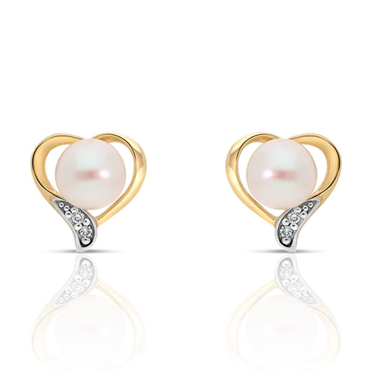 Boucles d'Oreilles Cœur Perle de Culture, Or & Diamants - Puces