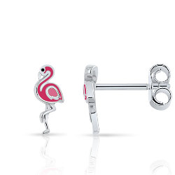 Boucles d'Oreilles Fille Flamants Roses en Argent 925/1000 et Émail