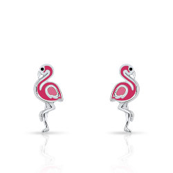 Boucles d'Oreilles Fille Flamants Roses en Argent 925/1000 et Émail