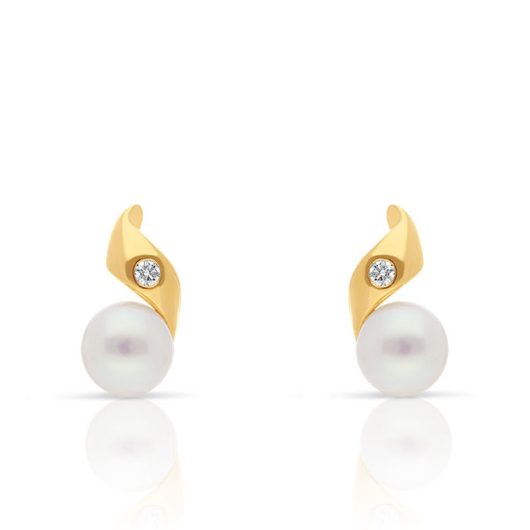 Boucles d'Oreilles Cœur Perle de Culture, Or & Diamants - Puces