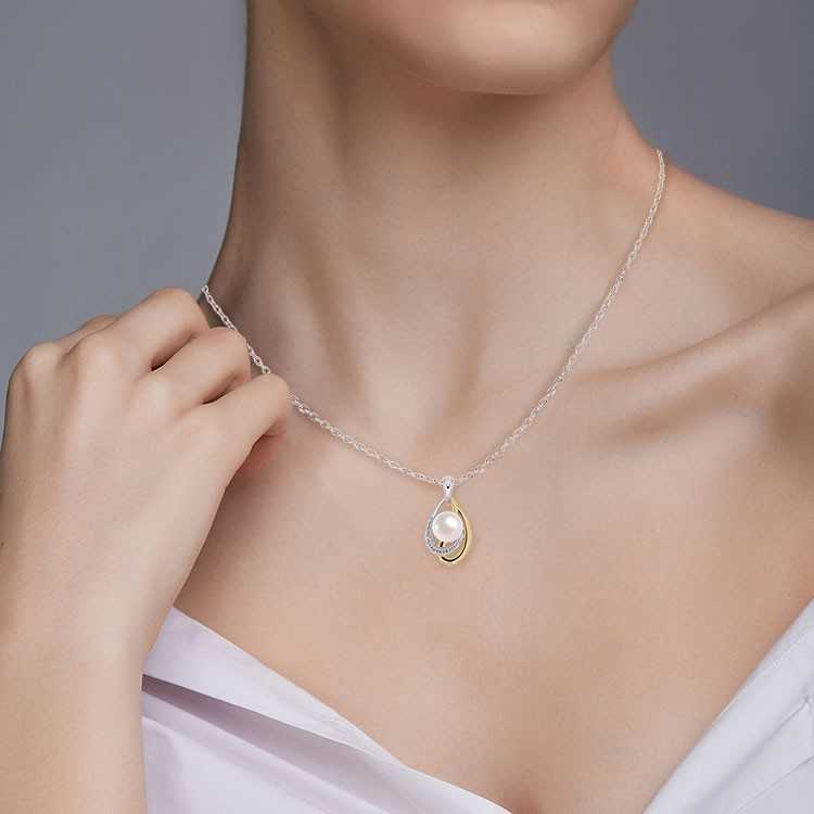 Collier Perle de Culture Argent 925 Femme Plaqué Or 2 Tons zirconiums