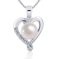 Collier Perle de Culture Argent 925 Femme en forme de Coeur serti Oxydes de Zirconium blancs