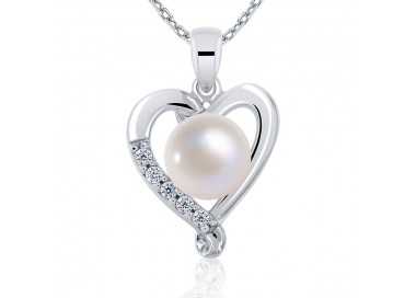 Collier Perle de Culture Argent 925 Femme en forme de Coeur serti Oxydes de Zirconium blancs