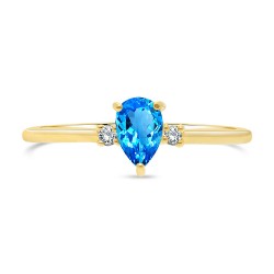 Bague Solitaire Or Jaune 375/1000 Topaze Bleue Suisse taille Poire et Diamants dessus
