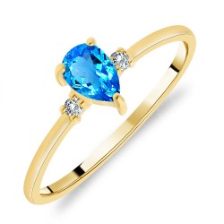 Bague Solitaire Or Jaune 375/1000 Topaze Bleue Suisse taille Poire et Diamants