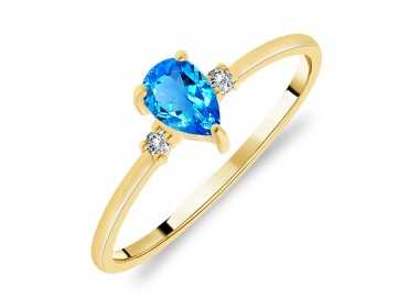 Bague Solitaire Or Jaune 375/1000 Topaze Bleue Suisse taille Poire et Diamants