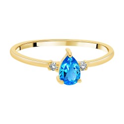 Bague Solitaire Or Jaune 375/1000 Topaze Bleue Suisse et Diamants couchée