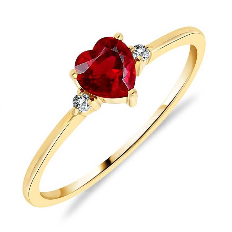 Bague Solitaire Or Jaune 375/1000 Rubis taille Coeur et Diamants