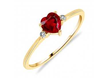 Bague Solitaire Or Jaune 375/1000 Rubis taille Coeur et Diamants