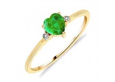 Bague Solitaire Or Jaune 375/1000 Émeraude taille Coeur et Diamants