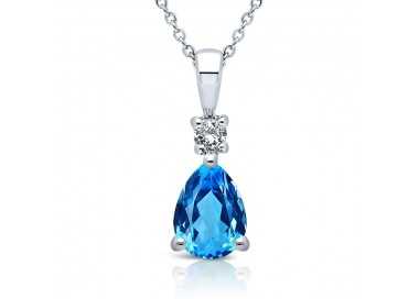 Collier Or blanc 375/1000 Topaze Bleue Suisse taille poire porté