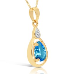 Collier Or 375/1000 Topaze bleue Suisse poire et Diamants profil