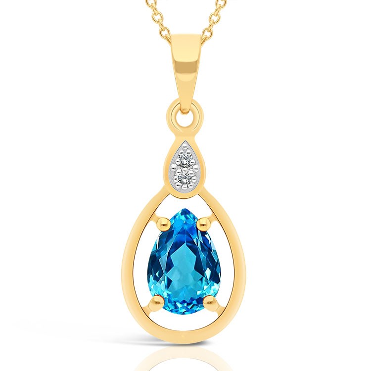 Collier Or 375/1000 Topaze bleue Suisse poire et Diamants