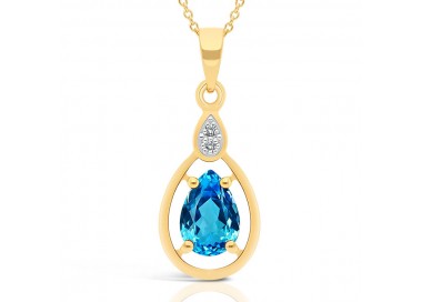 Collier Or 375/1000 Topaze bleue Suisse poire et Diamants