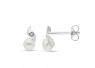 Boucles d'oreilles en Or Blanc 375/1000 Perles de Culture et Diamants